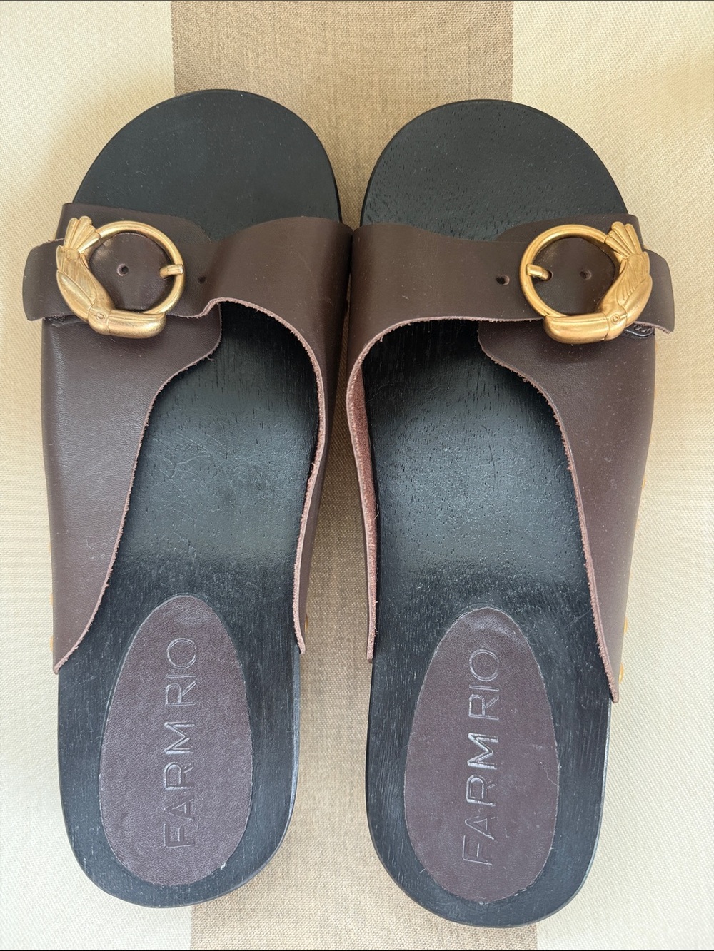 FARM Rio Dark Brown Leather Slide Sandals with Gold Tone Buckle